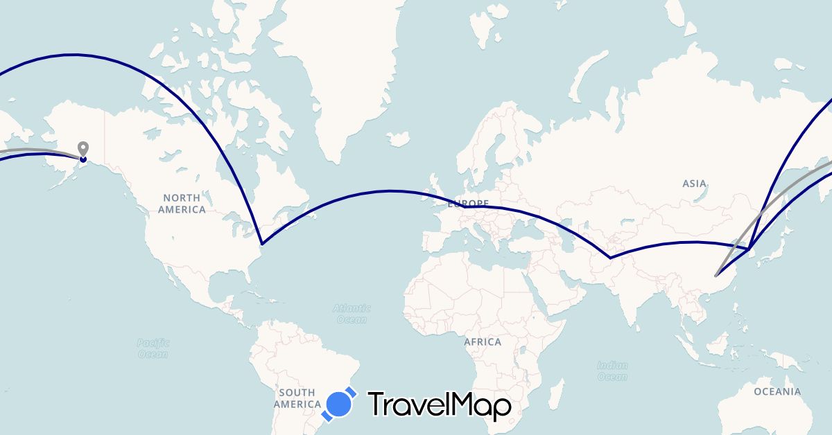 TravelMap itinerary: driving, plane in Afghanistan, China, Germany, South Korea, United States (Asia, Europe, North America)